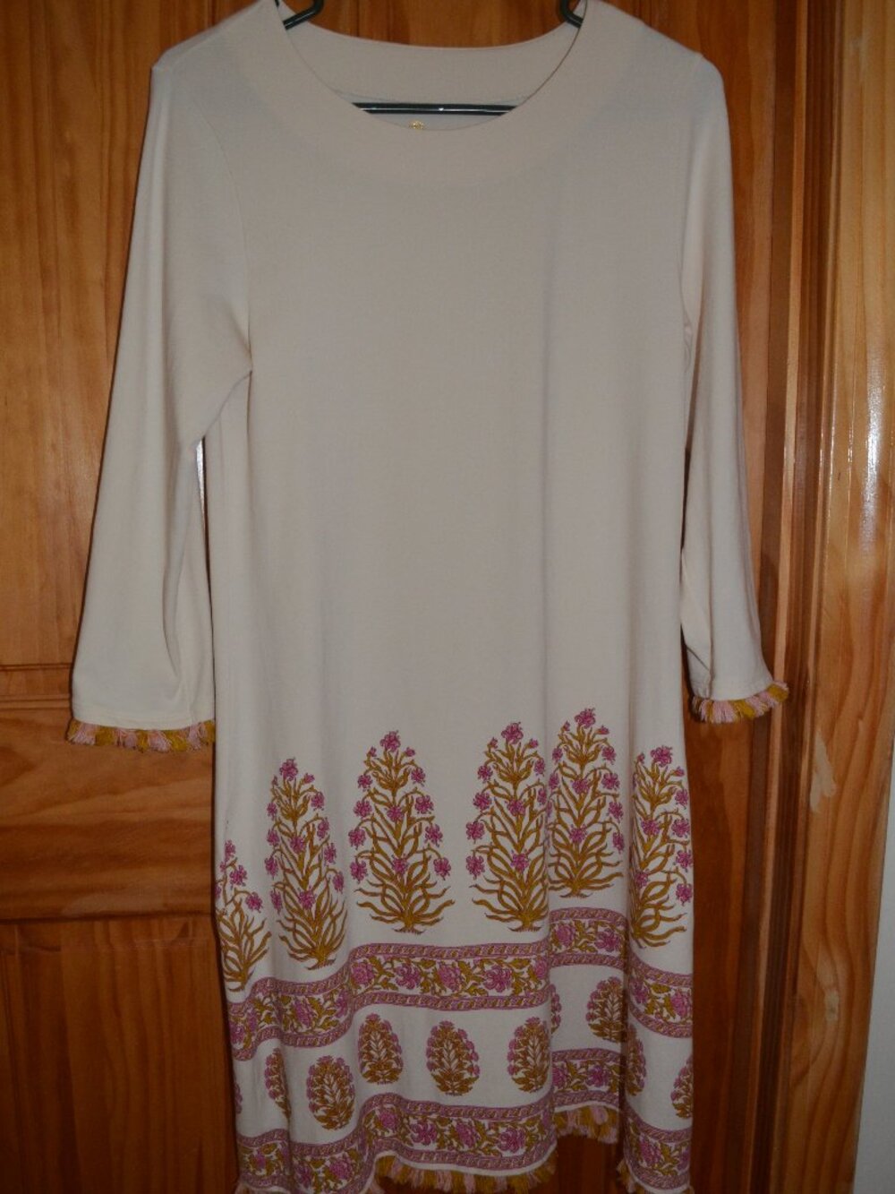 Spartina 449 Stretch A-Line Pullover Dress Fringed Floral Cream Beige Cotton S